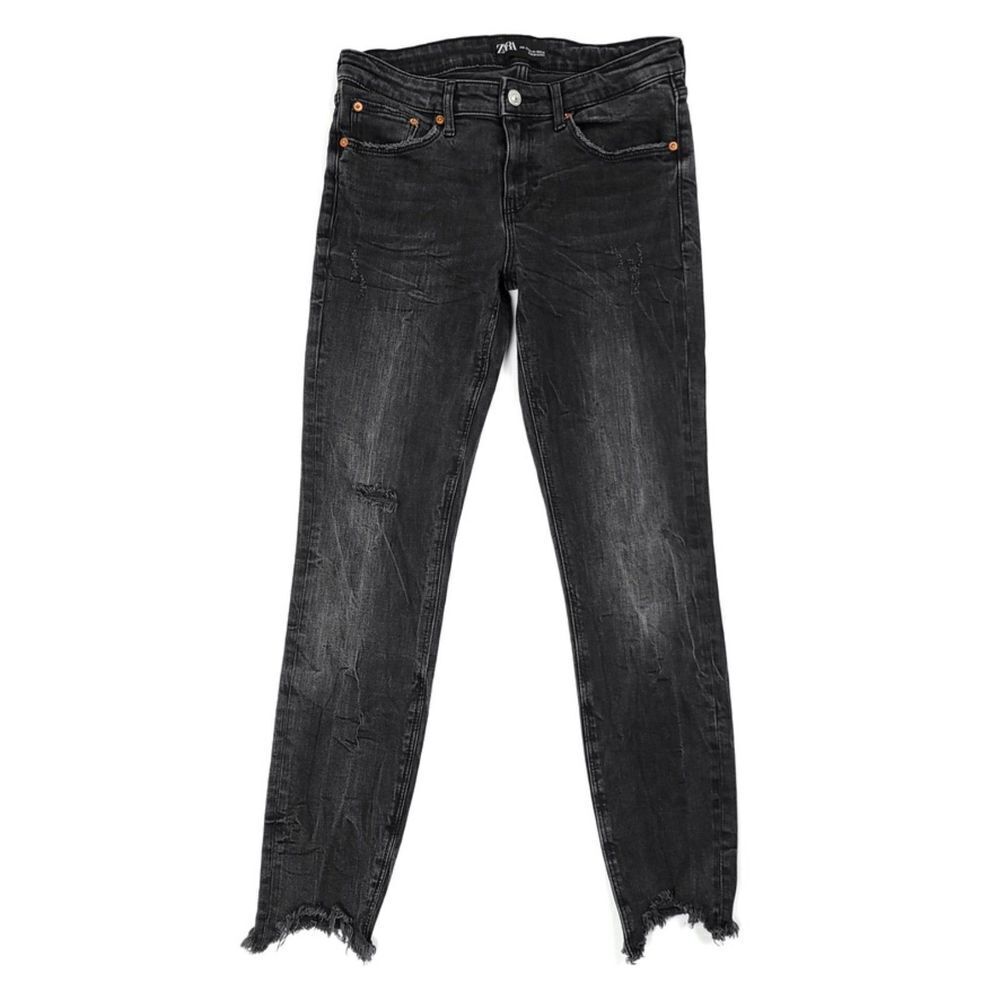 ZARA Raw Chewed Ankle Cropped High Rise Skinny Jeans Washed Black Y2k Grunge 6